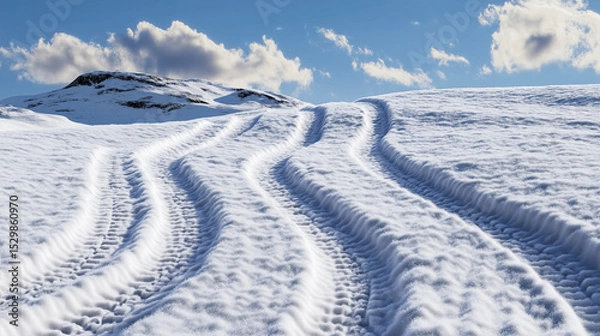 Fototapeta Winter landscape with tire tracks in snow