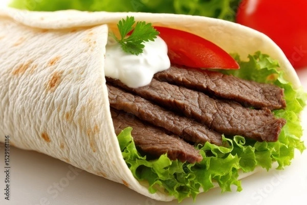 Fototapeta A close-up of a beef wrap with grilled meat, fresh lettuce, tomato, and a dollop of sour cream, garnished with a parsley leaf.