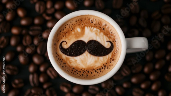 Fototapeta Coffee cup with mustache foam art surrounded by coffee beans