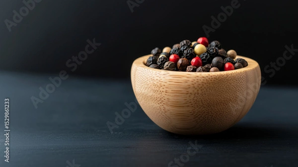 Fototapeta Colorful peppercorns in a wooden bowl on a dark surface