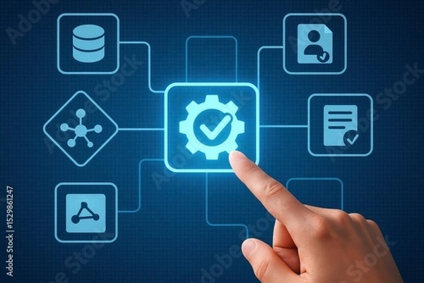 Fototapeta Hand Touching a Glowing Cogwheel with a Checkmark in a Network of Interconnected Icons Representing Automated Business Processes, Data Management, and Digital Workflow Solutions
