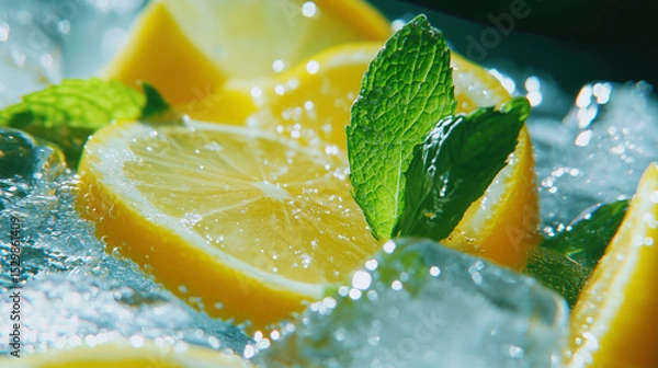 Fototapeta Fresh lemon slices with mint leaves and ice cubes