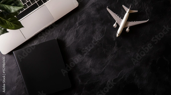 Fototapeta Passport, flight ticket, plane model and laptop on black table