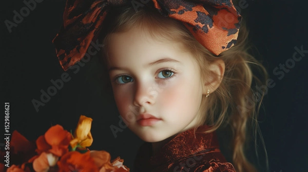 Fototapeta Portrait of a little girl in the studio. A child with a large bouquet