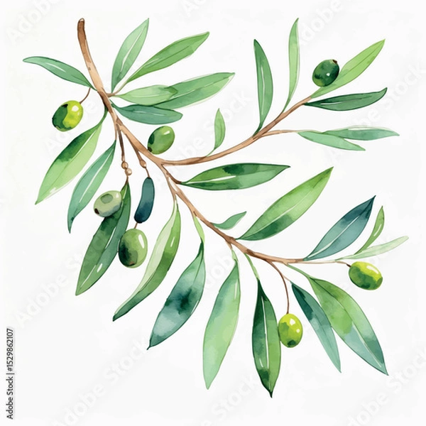 Obraz Olive branch watercolor vector. Symbolic botanical element with soft texture and classic shape.