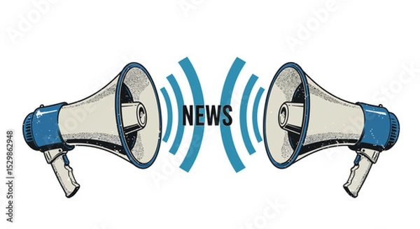 Fototapeta Retro megaphones broadcasting news with sound waves in blue and white illustration vector illustration