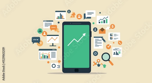 Fototapeta Smartphone dashboard with financial analytics icons and growth graph vector illustration