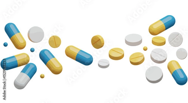 Fototapeta Diverse selection of yellow and blue pills on white background vector illustration