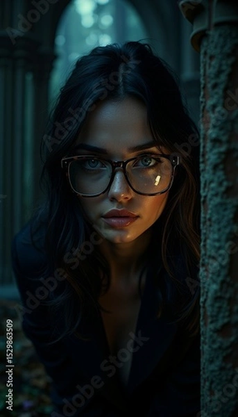Fototapeta Mysterious Woman with Glasses Hiding Behind a Column