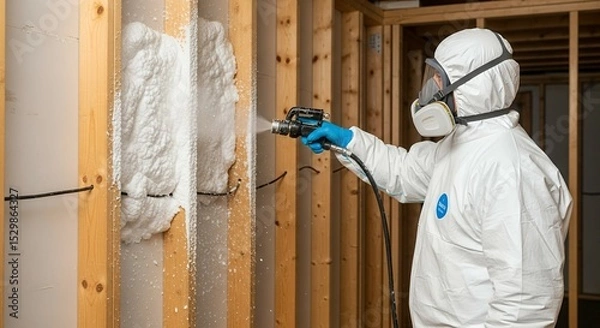 Obraz Spray foam insulation professional applying efficient energy saving solution home renovation project