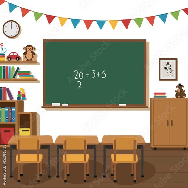 Fototapeta Classroom Interior with Chalkboard and Educational Toys in Learning Environment 
