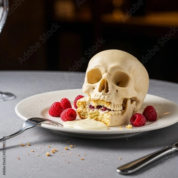 Fototapeta Edible skull dessert with raspberries and cream on a gray table  
