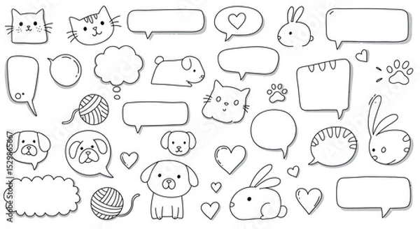 Fototapeta Cute cartoon animals and speech bubbles with blank expression balloons vector illustration