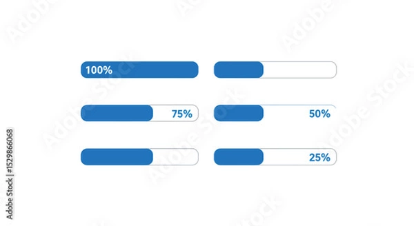 Fototapeta Progress bars at different completion levels: 100%, 75%, 50%, 25% in blue vector illustration
