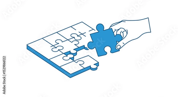 Fototapeta Hand placing puzzle piece into incomplete puzzle on white background vector illustration
