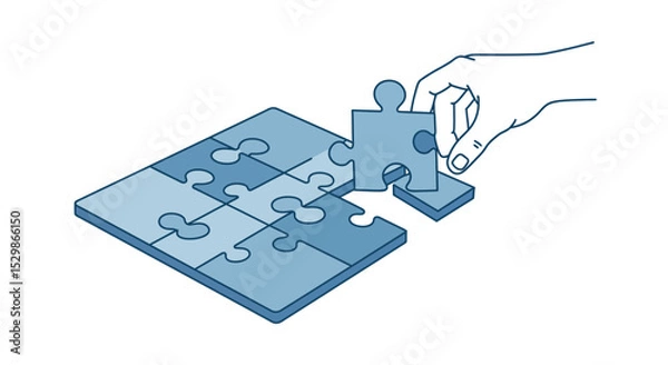 Fototapeta Hand placing puzzle piece on incomplete blue puzzle board vector illustration