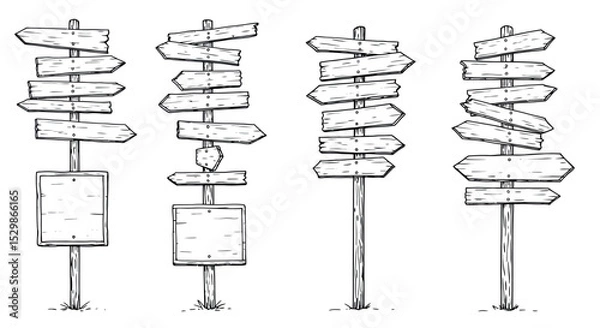 Fototapeta Hand-drawn directional signs on wooden posts in black and white vector illustration