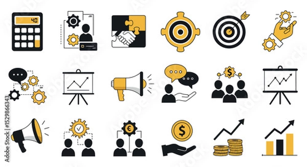 Fototapeta Financial and business icons illustrating growth and teamwork in yellow and black vector illustration