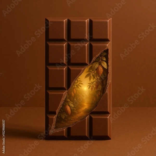 Fototapeta Chocolate bar with decorative elements on brown background  