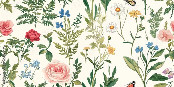 Fototapeta Elegant Vintage Botanical Floral and Butterfly Seamless Pattern. Delicate Meadow Garden Design trendy design, textile, packaging, fabric, wallpaper, branding, stationery, wrapping paper interior decor