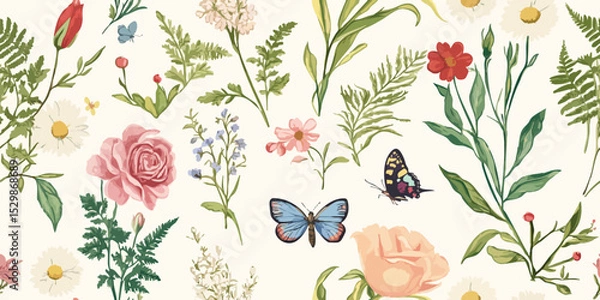 Obraz Elegant Vintage Botanical Floral and Butterfly Seamless Pattern. Delicate Meadow Garden Design trendy design, textile, packaging, fabric, wallpaper, branding, stationery, wrapping paper interior decor