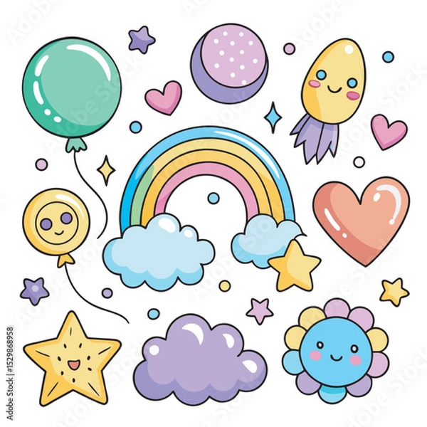 Fototapeta Cute Kawaii Vector Set with Rainbow, Cloud, Balloon, Star, and Cartoon Elements in Pastel Colors
