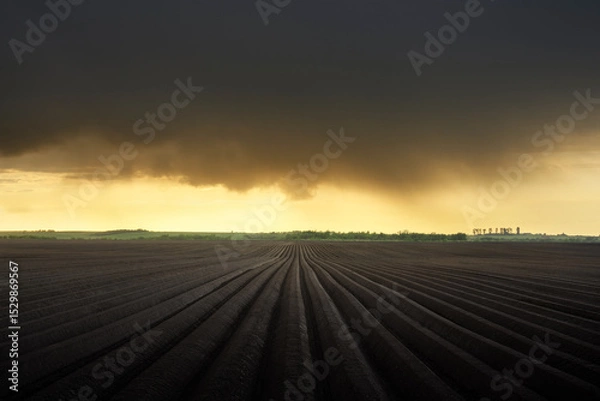 Obraz Agricultural field with plowed even rows for growing potatoes in the spring. Rainy dark clouds in the background. Agriculture landscape