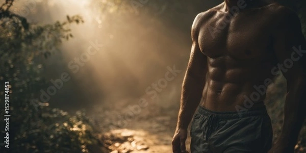 Obraz Muscular Man in Forest Sunlight