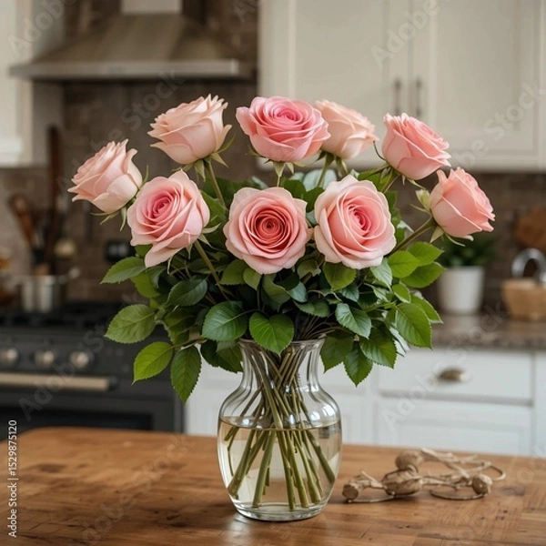 Obraz Bouquet of pink roses in a transparent vase on a wooden table in the kitchen