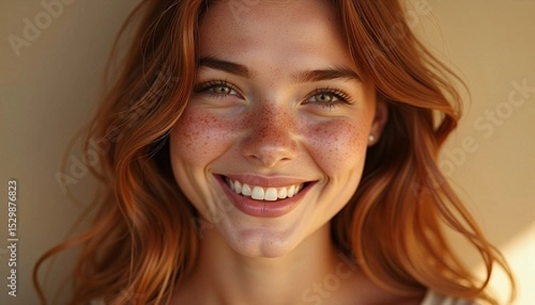 Fototapeta Close-up Portrait of a Smiling Woman with Freckles and Red Hair