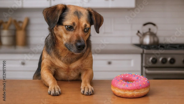 Obraz A cute dog eyeing a nearby donut on a kitchen countertop. A puppy being tempted.