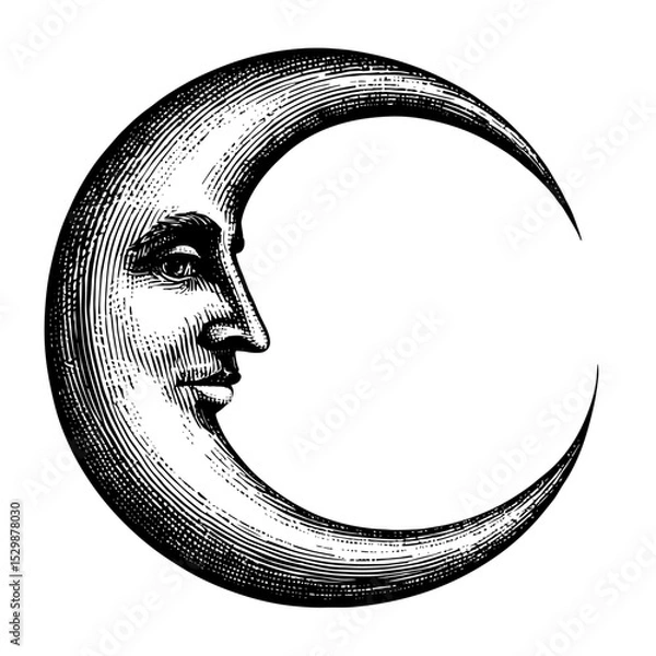 Fototapeta Anthropomorphic crescent moon with a face in a vintage woodcut style in black and white