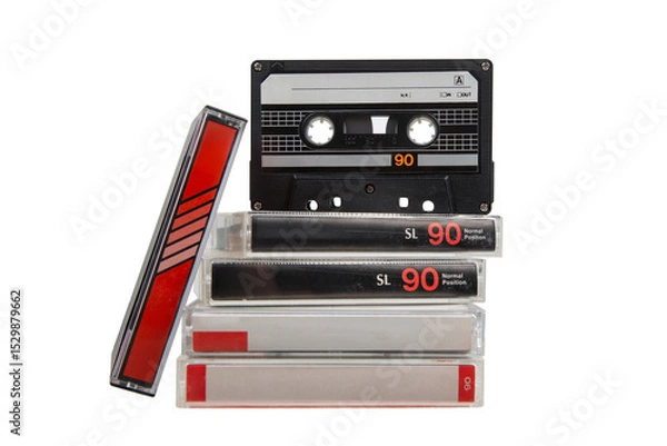 Fototapeta Stack of vintage audio cassette tapes with one black tape standing upright on top, all labeled "90", isolated on white back