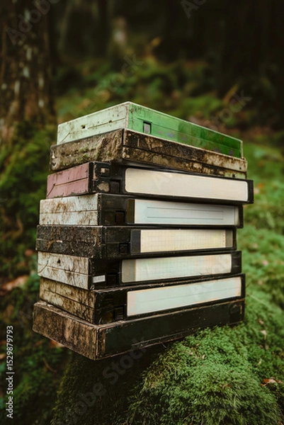 Fototapeta Abandoned VHS tapes in forest