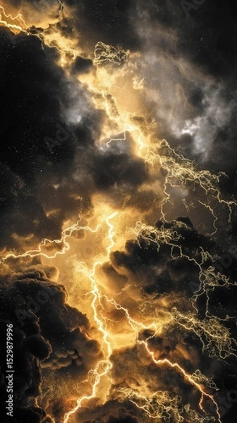 Fototapeta A mesmerizing storm where golden lightning erupts, illuminating the twisting mass of dark clouds.