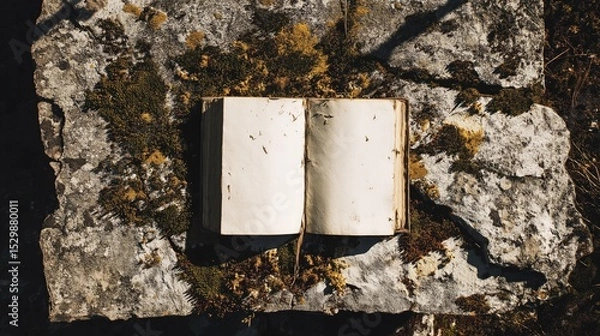 Fototapeta An open blank book perched on rocky ground, immersed in a lush setting of moss and tiny sprouting flora.