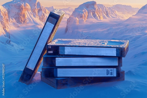 Fototapeta Stack of old VHS tapes partially covered in snow, lying on a snowy mountain landscape at sunset