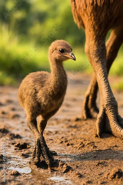 Obraz Extinct Juvenile Moa Bird Following Its Parent's Footprints in Ice Age Mud