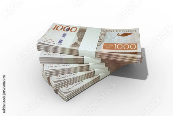 Obraz 3d rendering of Stack of 1000 Swedish Krona notes. Few bundles of Swedish Krona currency isolated on transparent background.