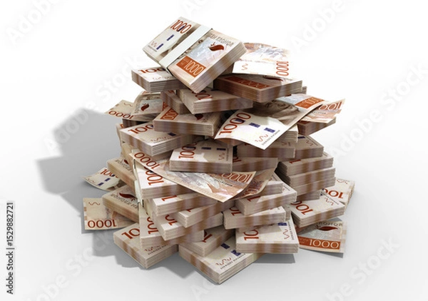 Obraz Big pile of  Swedish Krona notes. A lot of money isolated on transparent background. 3d rendering of bundles of cash