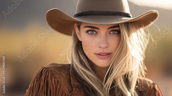 Fototapeta Close-up portrait of a stunning cowgirl in golden hour light, wearing a stylish wide-brimmed hat slightly tilted, a leather fringe jacket, and a touch of dust on her sun-kissed skin