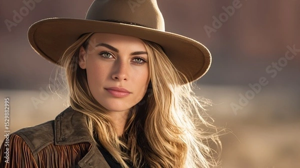 Fototapeta Close-up portrait of a stunning cowgirl in golden hour light, wearing a stylish wide-brimmed hat slightly tilted, a leather fringe jacket, and a touch of dust on her sun-kissed skin