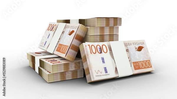 Fototapeta 3d rendering of Stack of 1000 Swedish Krona notes. bundles of sweden currency notes isolated on transparent background