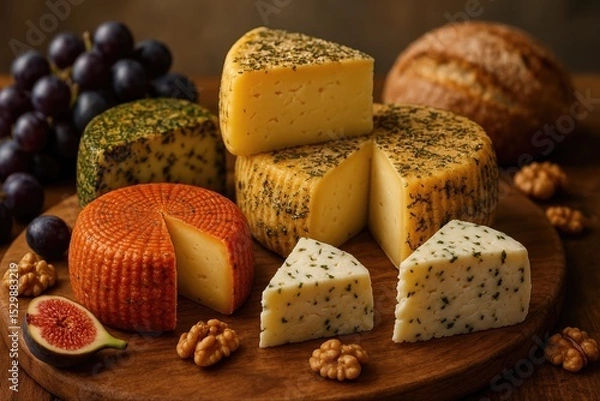 Fototapeta The still life shows different types of cheese on a wooden board: orange, yellow and cut with greens. The composition is complemented by grapes, figs, walnuts and bread.