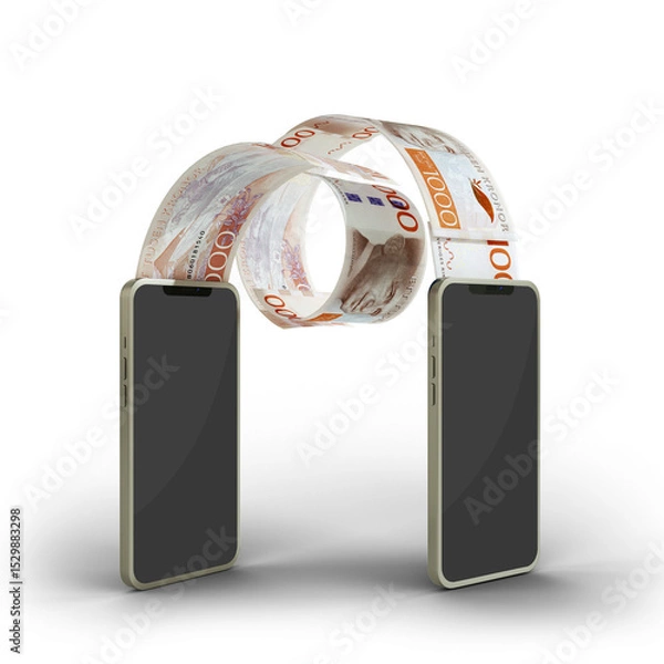 Obraz Transferring Swedish Krona notes from one mobile phone to another. Online money transfer concept. money coming out of mobile phone isolated on transparent background. 3d rendering