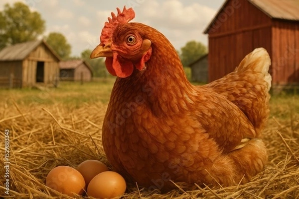 Fototapeta A hen with red feathers sits on a nest of straw with three eggs in front of her. Rural buildings are visible in the background, creating an atmosphere of tranquility and comfort in the countryside.