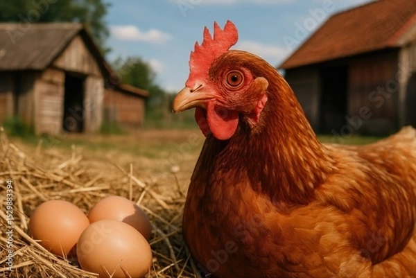 Fototapeta A hen with red feathers sits on a nest of straw with three eggs in front of her. Rural buildings are visible in the background, creating an atmosphere of tranquility and comfort in the countryside.