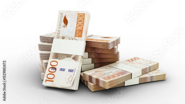 Fototapeta 3d rendering of Stack of 1000 Swedish Krona notes. bundles of sweden currency notes isolated on transparent background