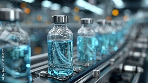 Fototapeta A line of glass bottles filled with clear blue liquid steadily moves along a conveyor belt in a contemporary manufacturing plant. The environment is bright and industrial.