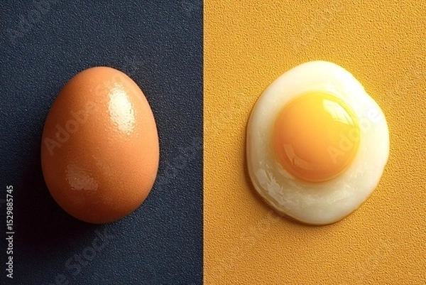 Obraz One whole brown egg lies on a dark textured surface next to a fried egg on a bright yellow textured surface, creating a contrasting before-and-after cooking visual